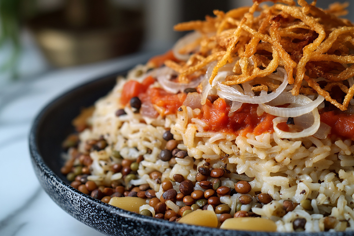 Le koshari, plat emblématique servi partout dans le pays !