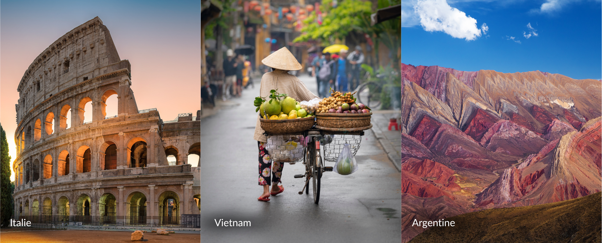 Colisée en Italie, scène de rue au Vietnam et montagnes colorées en Argentine, entre culture, vie locale et grands paysages.